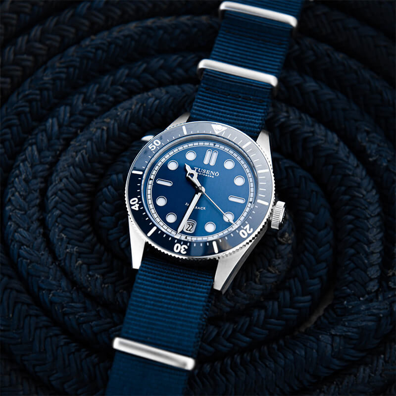Blue Military Nylon Strap Tusenö, Swedish automatic watches
