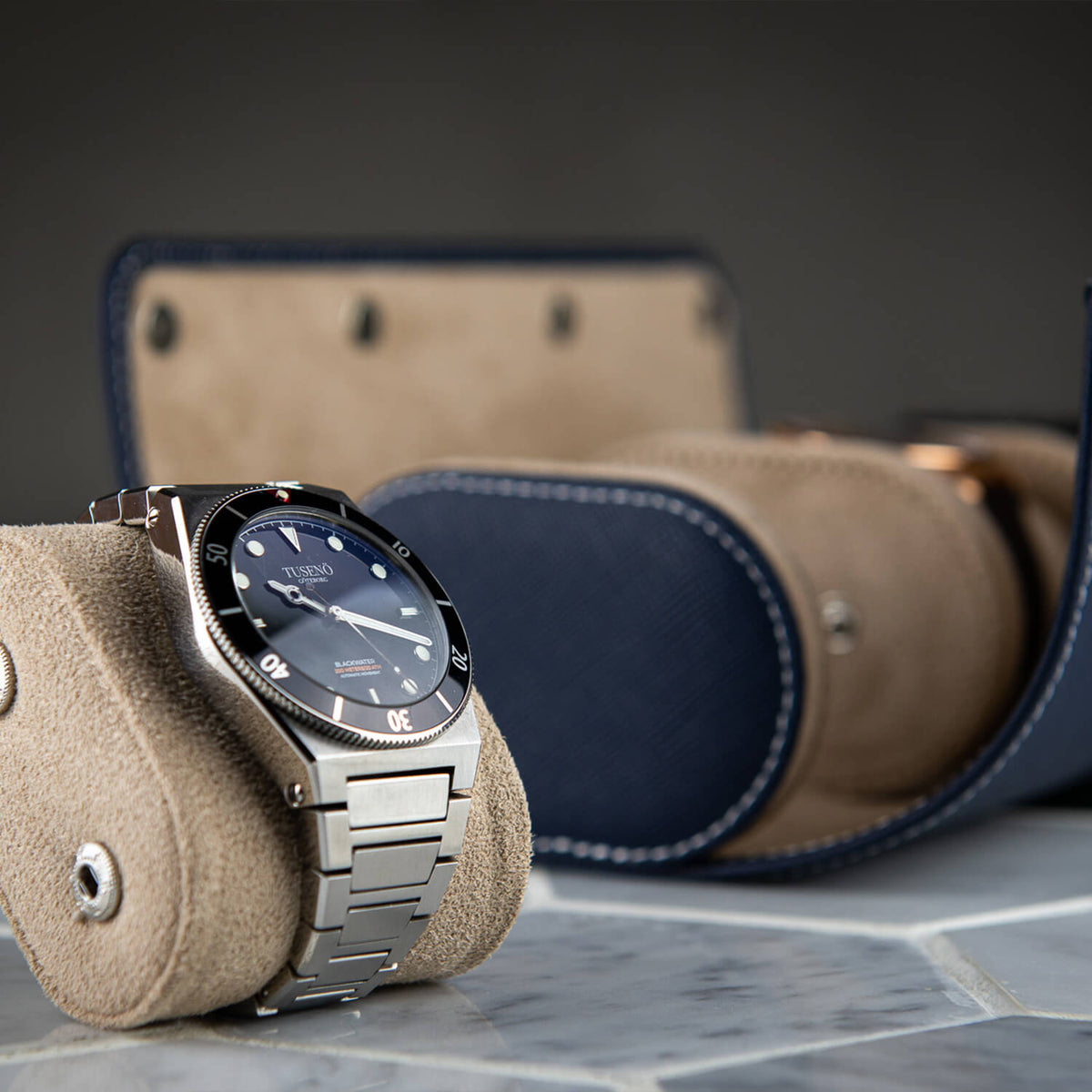 LEATHER WATCH ROLL – BLUE SAFFIANO